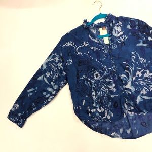 Anthropologie Blue White Flowy Blouse long sleeve